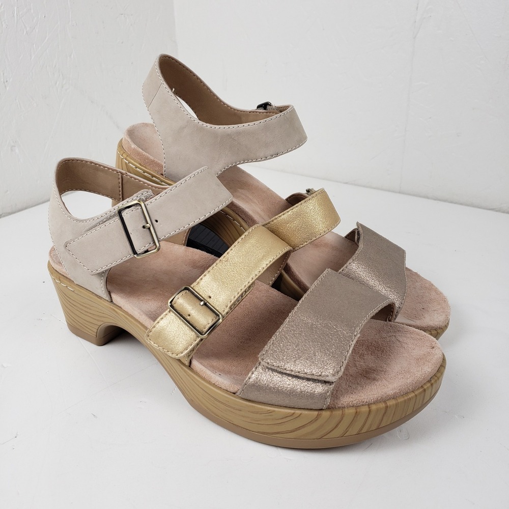 Dansko Size 38 Bin 3Malena Metallic Leather Wedge Sandals Tan Gold Bronze